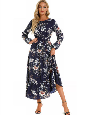Spring and autumn floral chiffon dress waist thin long sleeve round neck long printed skirt children - Negative Apparel