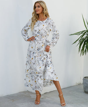 Spring and autumn floral chiffon dress waist thin long sleeve round neck long printed skirt children - Negative Apparel