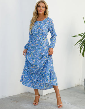 Spring and autumn floral chiffon dress waist thin long sleeve round neck long printed skirt children - Negative Apparel