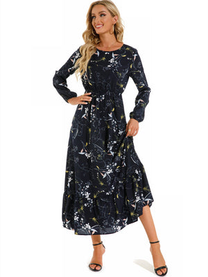 Spring and autumn floral chiffon dress waist thin long sleeve round neck long printed skirt children - Negative Apparel