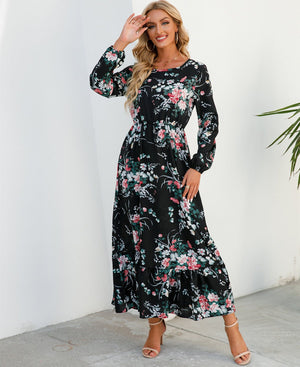 Spring and autumn floral chiffon dress waist thin long sleeve round neck long printed skirt children - Negative Apparel