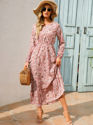 Spring and autumn floral chiffon dress waist thin long sleeve round neck long printed skirt children - Negative Apparel