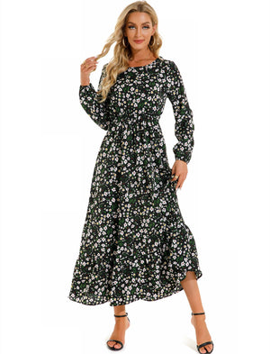 Spring and autumn floral chiffon dress waist thin long sleeve round neck long printed skirt children - Negative Apparel
