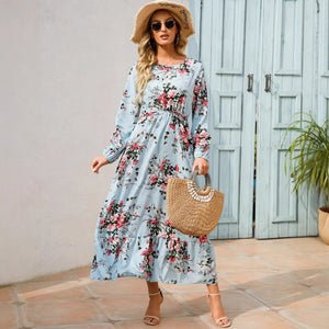 Spring and autumn floral chiffon dress waist thin long sleeve round neck long printed skirt children - Negative Apparel