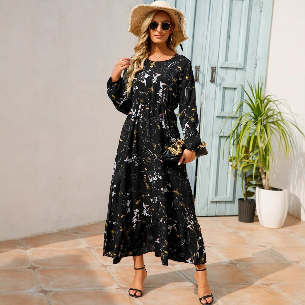 Spring and autumn floral chiffon dress waist thin long sleeve round neck long printed skirt children - Negative Apparel