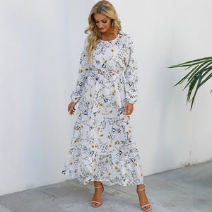 Spring and autumn floral chiffon dress waist thin long sleeve round neck long printed skirt children - Negative Apparel