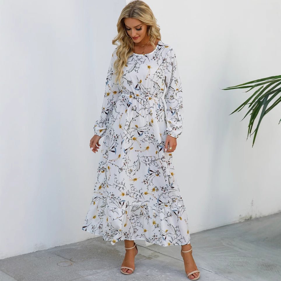 Spring and autumn floral chiffon dress waist thin long sleeve round neck long printed skirt children - Negative Apparel