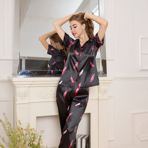 Spring and Autumn Ice Silk Pajamas Women's Short Sleeve Pants Set Premium Printed Homewear Summer Breathable TZ3432 - Negative Apparel