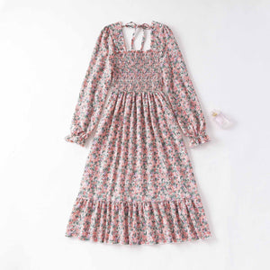 Spring and autumn new women's casual and thin French coffee break floral long - sleeved square neck dress fairy - Negative Apparel