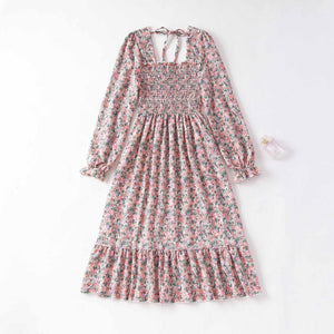 Spring and autumn new women's casual and thin French coffee break floral long - sleeved square neck dress fairy - Negative Apparel
