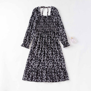 Spring and autumn new women's casual and thin French coffee break floral long - sleeved square neck dress fairy - Negative Apparel