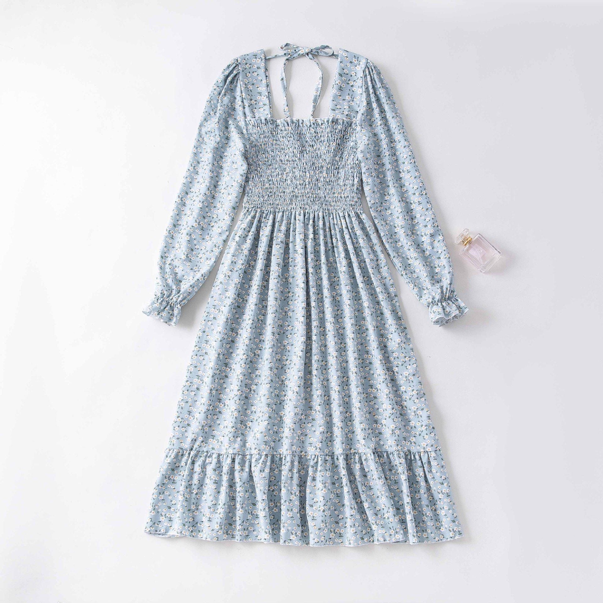 Spring and autumn new women's casual and thin French coffee break floral long - sleeved square neck dress fairy - Negative Apparel