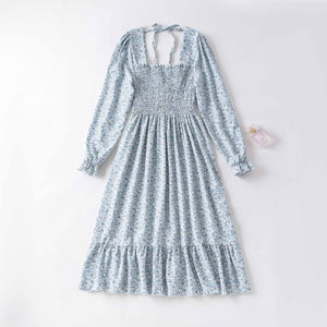 Spring and autumn new women's casual and thin French coffee break floral long - sleeved square neck dress fairy - Negative Apparel