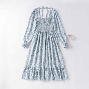 Spring and autumn new women's casual and thin French coffee break floral long - sleeved square neck dress fairy - Negative Apparel