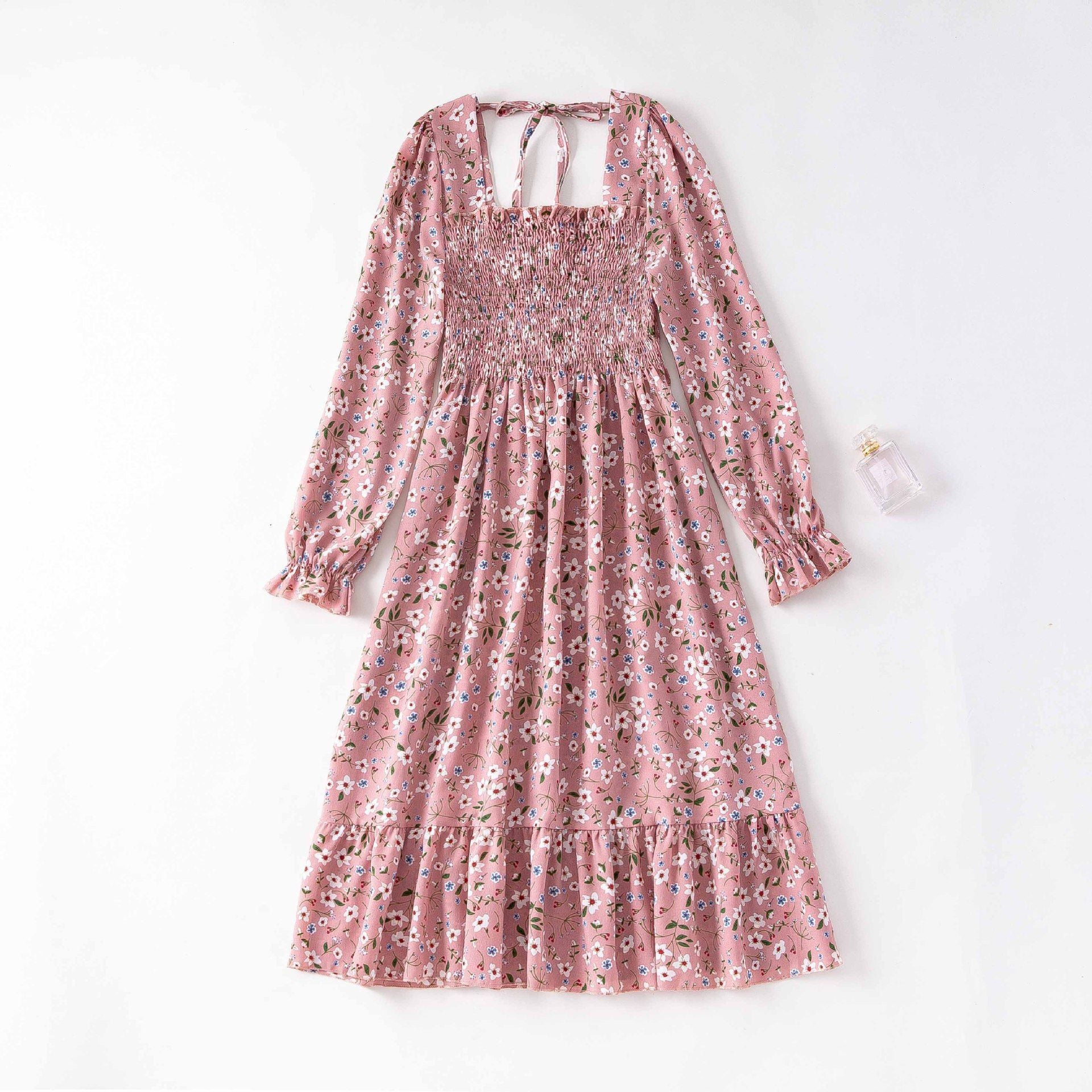 Spring and autumn new women's casual and thin French coffee break floral long - sleeved square neck dress fairy - Negative Apparel