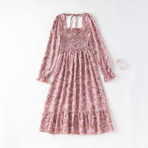 Spring and autumn new women's casual and thin French coffee break floral long - sleeved square neck dress fairy - Negative Apparel