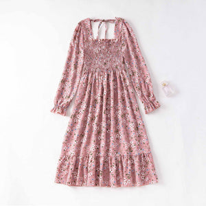 Spring and autumn new women's casual and thin French coffee break floral long - sleeved square neck dress fairy - Negative Apparel