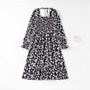 Spring and autumn new women's casual and thin French coffee break floral long - sleeved square neck dress fairy - Negative Apparel