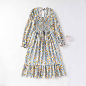 Spring and autumn new women's casual and thin French coffee break floral long - sleeved square neck dress fairy - Negative Apparel