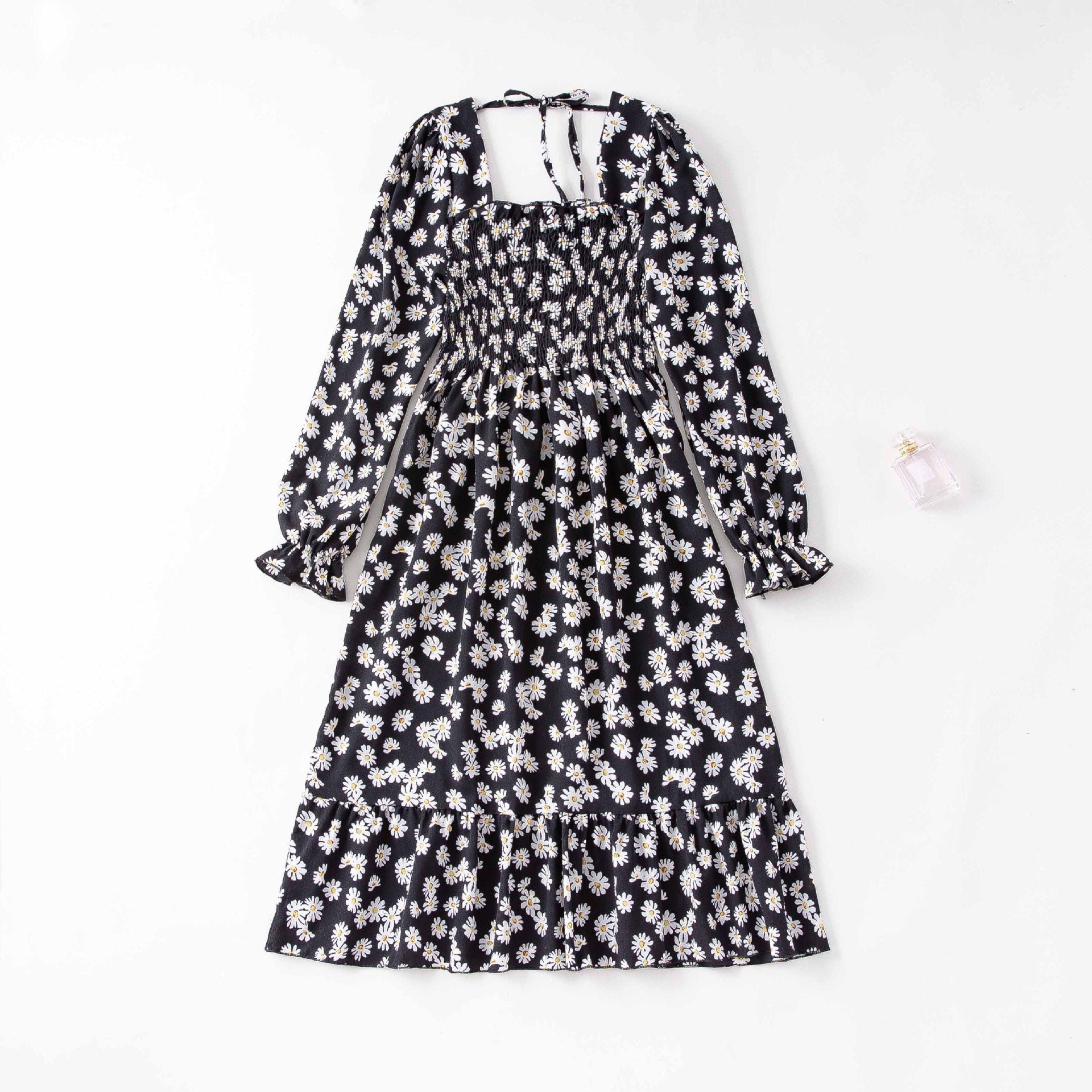 Spring and autumn new women's casual and thin French coffee break floral long - sleeved square neck dress fairy - Negative Apparel