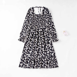 Spring and autumn new women's casual and thin French coffee break floral long - sleeved square neck dress fairy - Negative Apparel