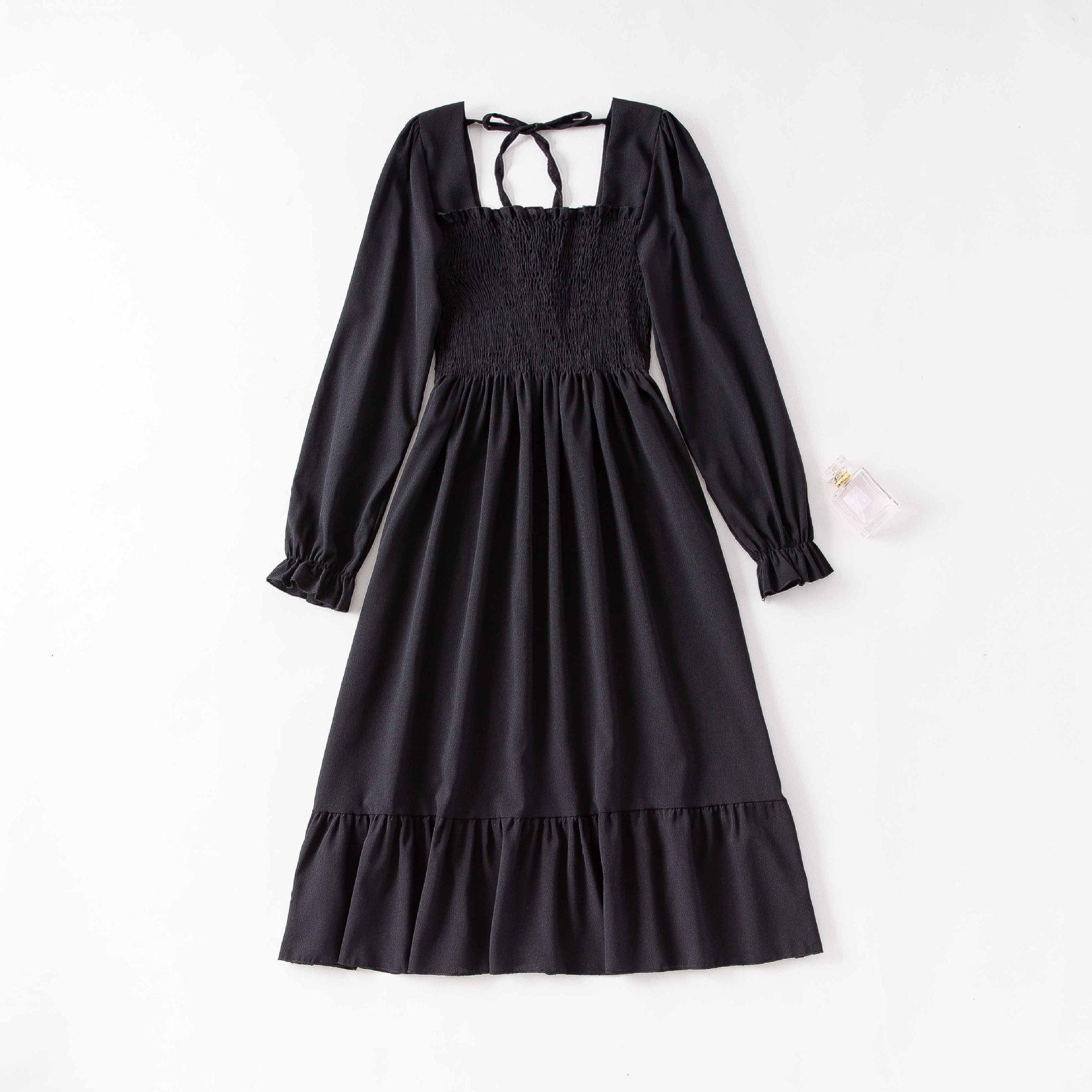 Spring and autumn new women's casual and thin French coffee break floral long - sleeved square neck dress fairy - Negative Apparel