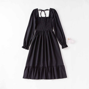 Spring and autumn new women's casual and thin French coffee break floral long - sleeved square neck dress fairy - Negative Apparel