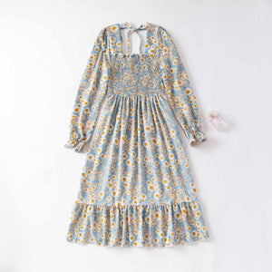 Spring and autumn new women's casual and thin French coffee break floral long - sleeved square neck dress fairy - Negative Apparel
