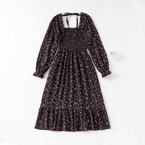 Spring and autumn new women's casual and thin French coffee break floral long - sleeved square neck dress fairy - Negative Apparel