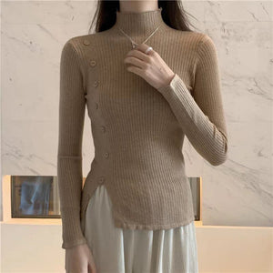 Spring and Autumn thin semi - turtleneck long - sleeved knitted sweater top design sense niche short split sweater women's bottoming shirt - Negative Apparel