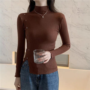 Spring and Autumn thin semi - turtleneck long - sleeved knitted sweater top design sense niche short split sweater women's bottoming shirt - Negative Apparel