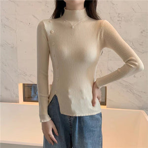 Spring and Autumn thin semi - turtleneck long - sleeved knitted sweater top design sense niche short split sweater women's bottoming shirt - Negative Apparel