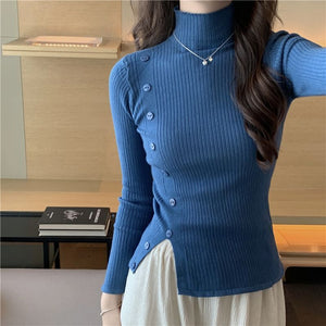 Spring and Autumn thin semi - turtleneck long - sleeved knitted sweater top design sense niche short split sweater women's bottoming shirt - Negative Apparel