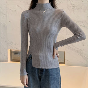 Spring and Autumn thin semi - turtleneck long - sleeved knitted sweater top design sense niche short split sweater women's bottoming shirt - Negative Apparel