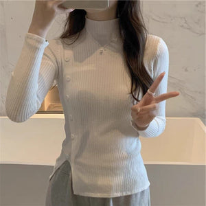 Spring and Autumn thin semi - turtleneck long - sleeved knitted sweater top design sense niche short split sweater women's bottoming shirt - Negative Apparel