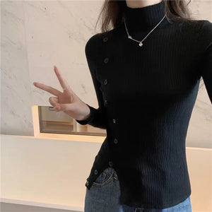 Spring and Autumn thin semi - turtleneck long - sleeved knitted sweater top design sense niche short split sweater women's bottoming shirt - Negative Apparel