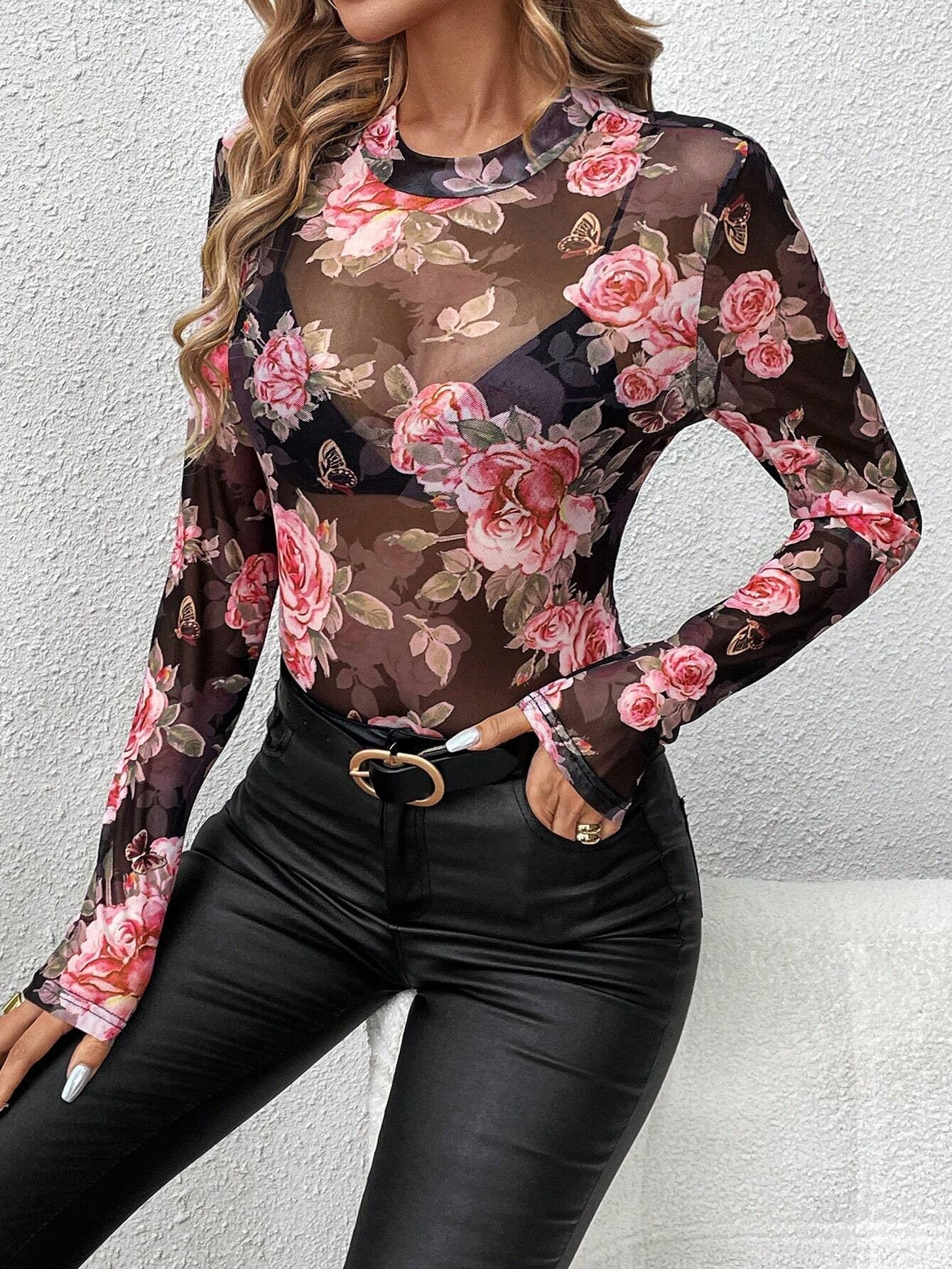 spring and summer 2025 new elegant rose flower printing small stand - up collar mesh slim top women's clothing - Negative Apparel