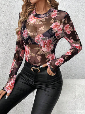 spring and summer 2025 new elegant rose flower printing small stand - up collar mesh slim top women's clothing - Negative Apparel