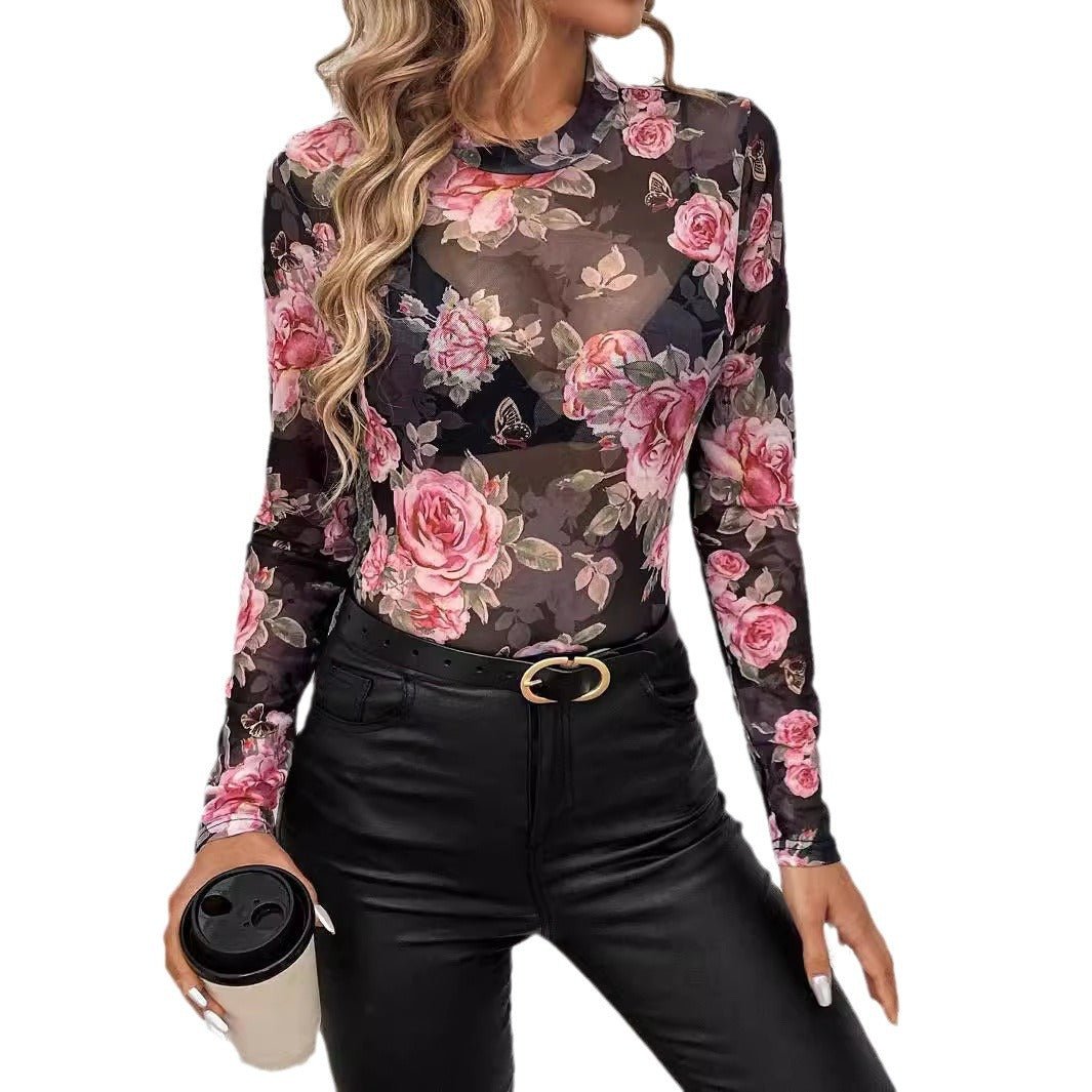 spring and summer 2025 new elegant rose flower printing small stand - up collar mesh slim top women's clothing - Negative Apparel
