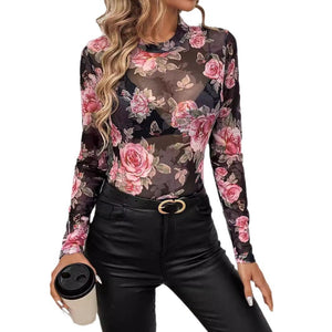 spring and summer 2025 new elegant rose flower printing small stand - up collar mesh slim top women's clothing - Negative Apparel
