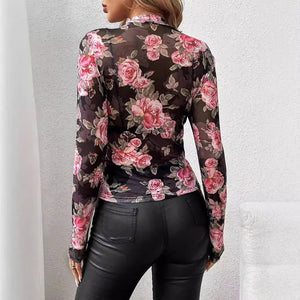 spring and summer 2025 new elegant rose flower printing small stand - up collar mesh slim top women's clothing - Negative Apparel