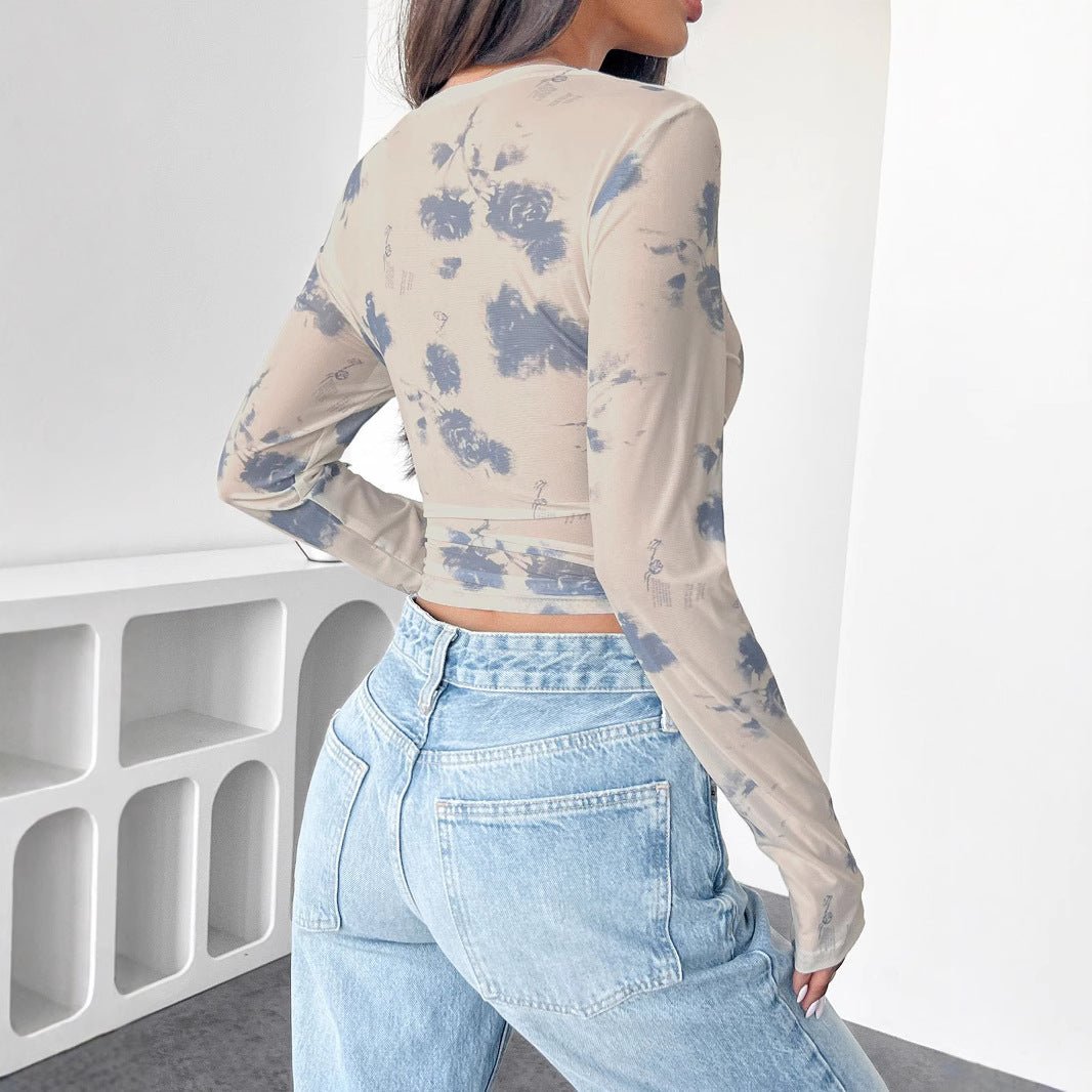 spring and summer 2025 new elegant women's floral mesh printing pleated side short top women - Negative Apparel