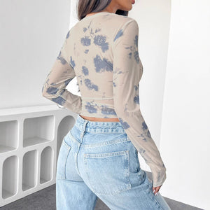 spring and summer 2025 new elegant women's floral mesh printing pleated side short top women - Negative Apparel