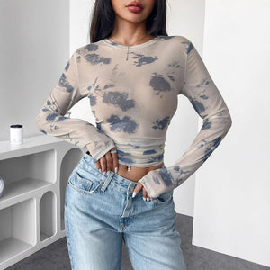 spring and summer 2025 new elegant women's floral mesh printing pleated side short top women - Negative Apparel