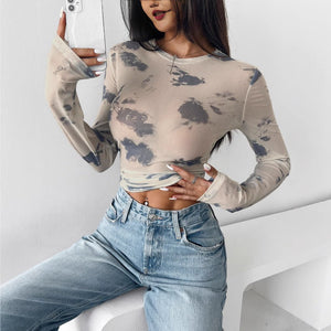 spring and summer 2025 new elegant women's floral mesh printing pleated side short top women - Negative Apparel