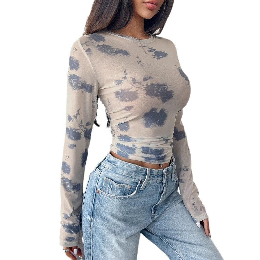 spring and summer 2025 new elegant women's floral mesh printing pleated side short top women - Negative Apparel