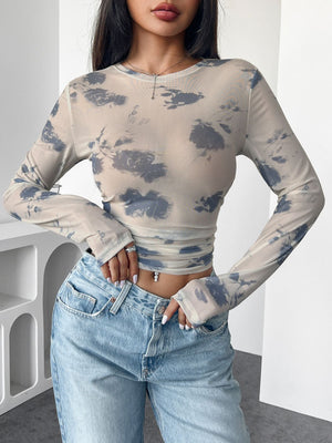spring and summer 2025 new elegant women's floral mesh printing pleated side short top women - Negative Apparel