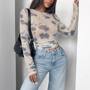 spring and summer 2025 new elegant women's floral mesh printing pleated side short top women - Negative Apparel