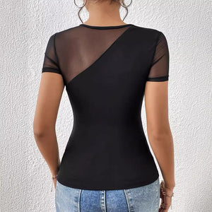 spring and summer 2025 new sexy solid color short - sleeved net splicing new T-shirt thin top women - Negative Apparel