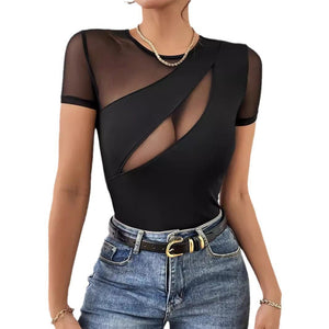 spring and summer 2025 new sexy solid color short - sleeved net splicing new T-shirt thin top women - Negative Apparel